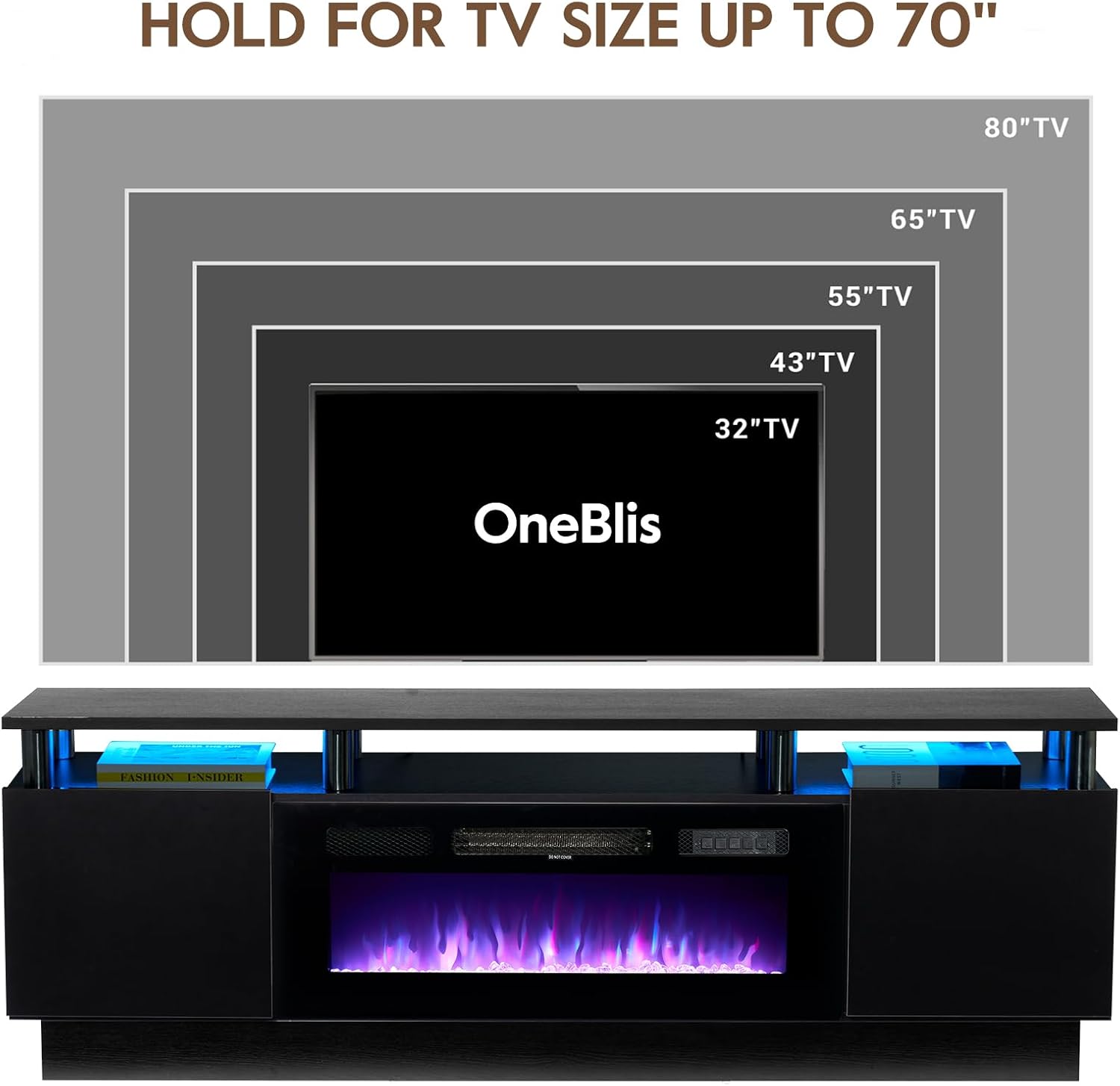 70' TV Stand for Living Room, Modern Entertainment Center & Media Console, Fits TVs up to 80', Storage Cabinet with Shelves, 36' Electric Fireplace with LED Flame (All Black)