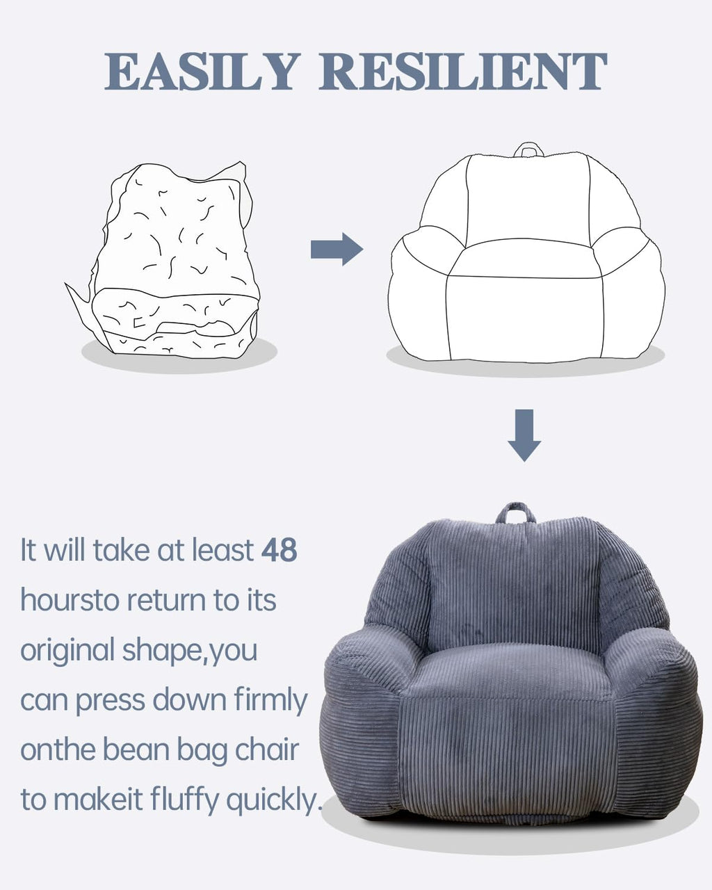 Lamerge Giant Bean Bag Chair for Adults, Oversized Faux Fur Fluffy Sofa with High-Density Memory Foam, Grey Comfy Bean Bag Couch for Reading, Gaming (46' Giant Bean Bag Chair)