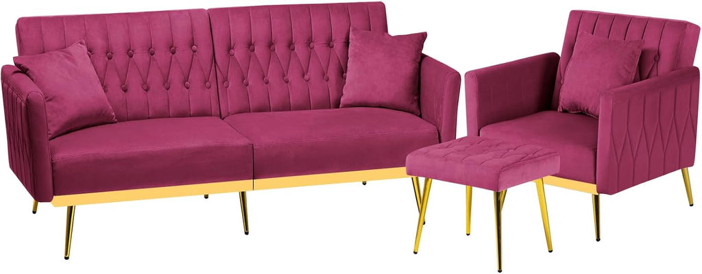 2 Pieces Velvet Futon Sofa Set with Adjustable Backrests and Armrests, 70' Convertible Sofa Bed & Tufted Accent Chair with Ottoman for Living Room, Fuchsia
