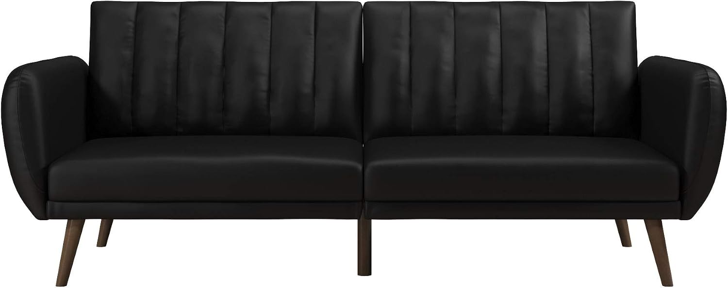 Novogratz Brittany 82 Inch Futon Sofa Bed in Faux Leather, Upholstered Couch Sleeper with Tufted Back, Mid-Century Modern Design, Black