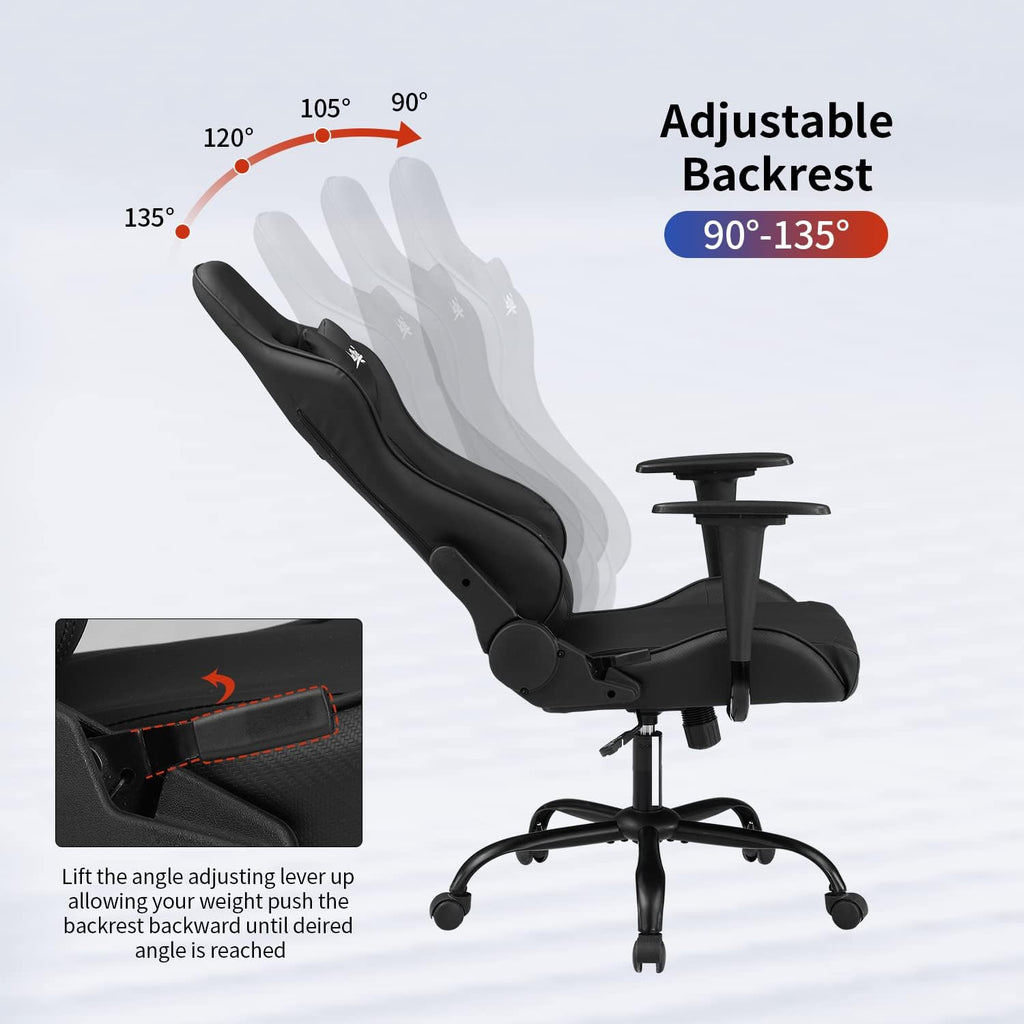 Ergonomic Gaming Chair for Adults with Lumbar Support, High Back Leather Desk Chair, Adjustable Swivel Computer Chair with Footrest and Headrest, Office Chair for Home and Gaming Setup (Black)