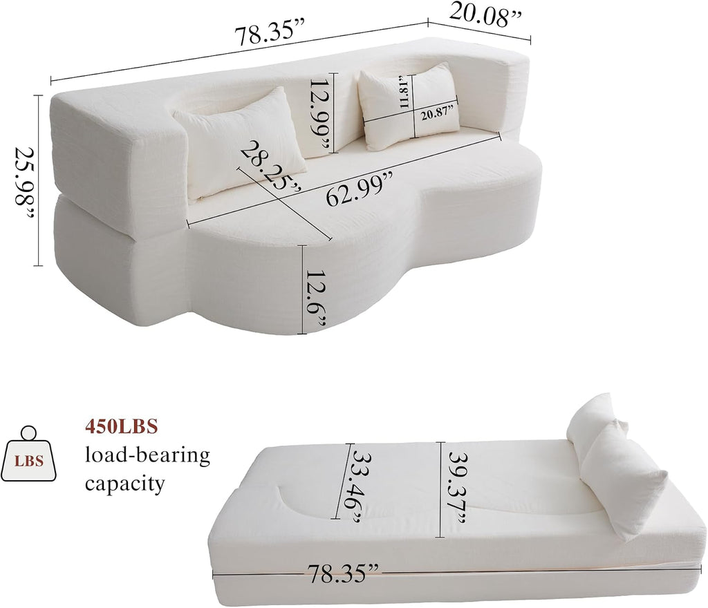 2-in-1 Convertible Sofa,78 Inch Folding Sofa Bed Pull Out Sofa with 2 Pilow Lazy Sofa, Teddy Loveseat Sleeper Floor Sofa for Apartment Children's Room Bedroom Living Room (Teddy, Beige)