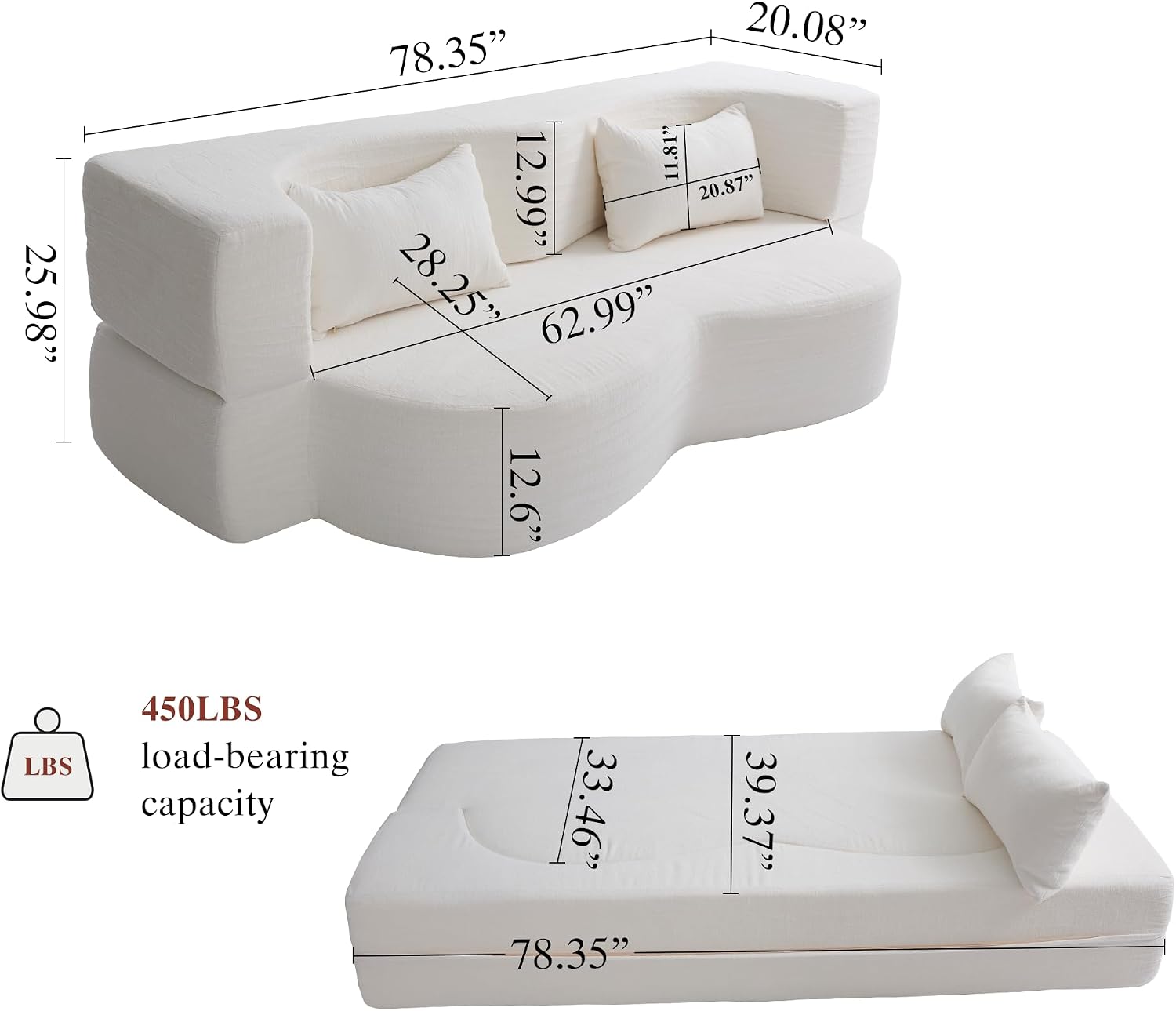 2-in-1 Convertible Sofa,78 Inch Folding Sofa Bed Pull Out Sofa with 2 Pilow Lazy Sofa, Teddy Loveseat Sleeper Floor Sofa for Apartment Children's Room Bedroom Living Room (Teddy, Beige)