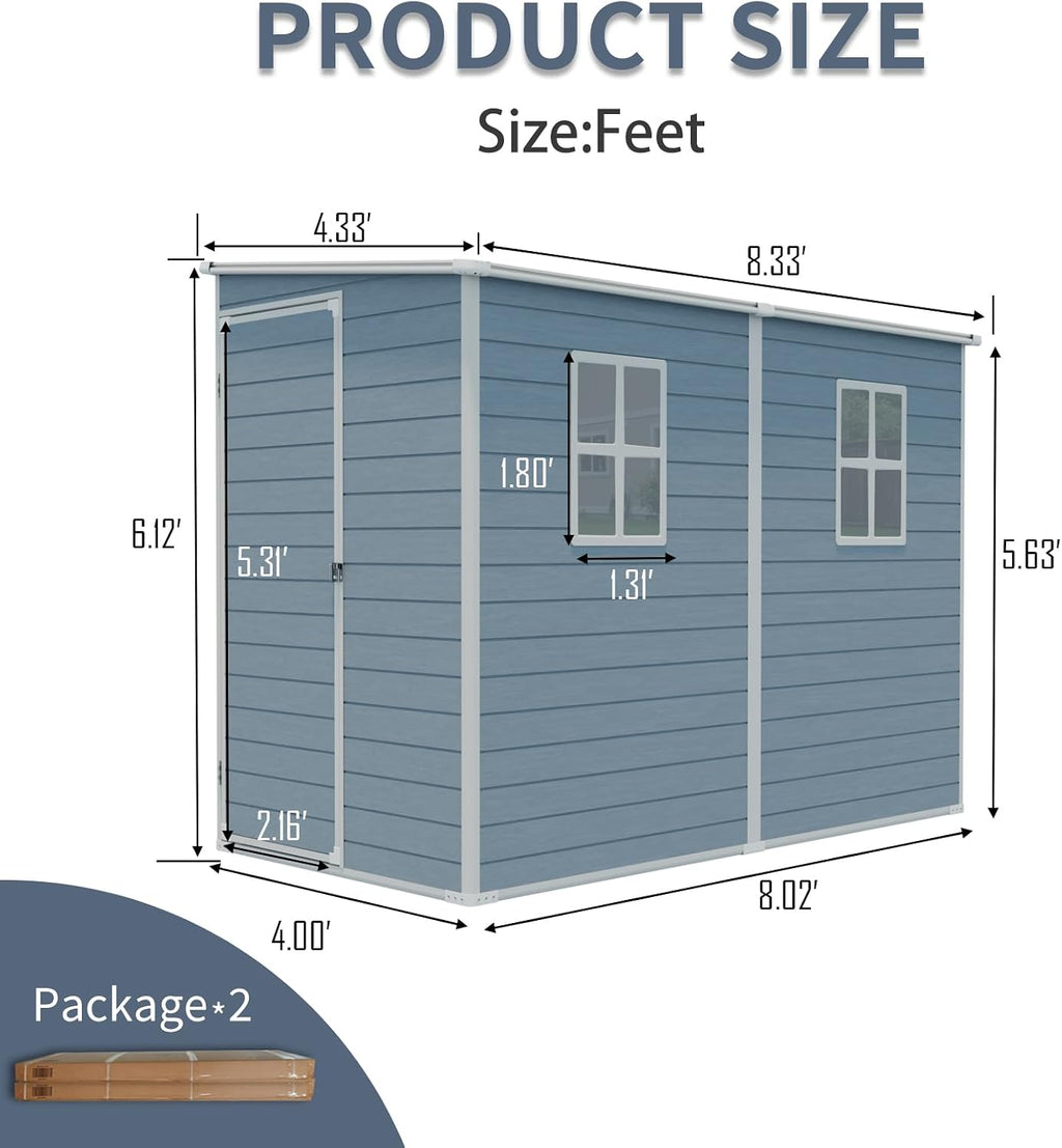 YOPTO 4x8 FT Outdoor Storage Shed Plastic Shed W/Floor,Resin Lean to Shed W/ 2 Windows & Lockable Door,Garden Tool House W/Air Vent & Sloped Roof,All Weather Waterproof for Backyard,Patio,Lawn,Grey
