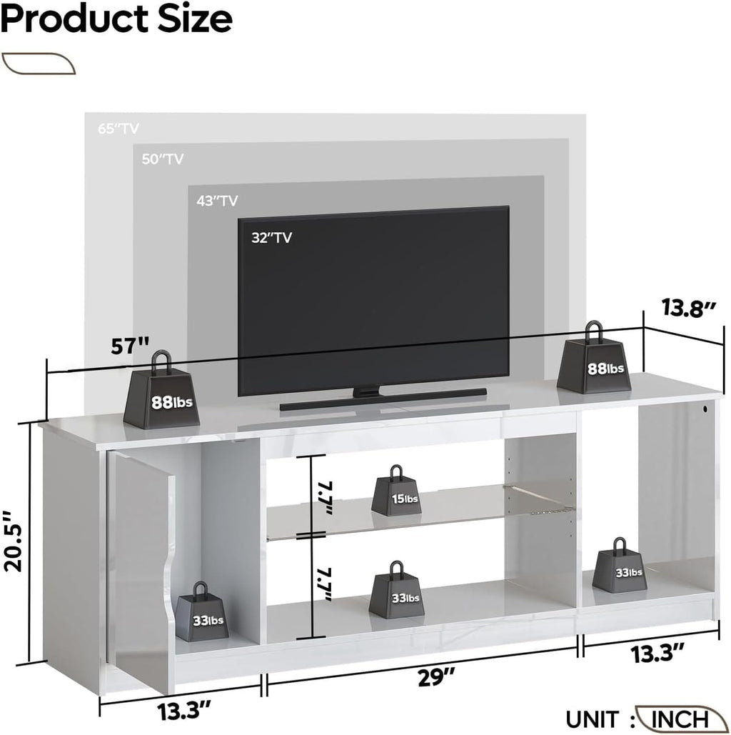 Bestier 57' Gloss White TV Stand for 65' TVs - Modern Gaming Console Unit with Glass Shelves, PS5/Xbox Cabinet, Adjustable Height Entertainment Center for Bedroom & Living Room