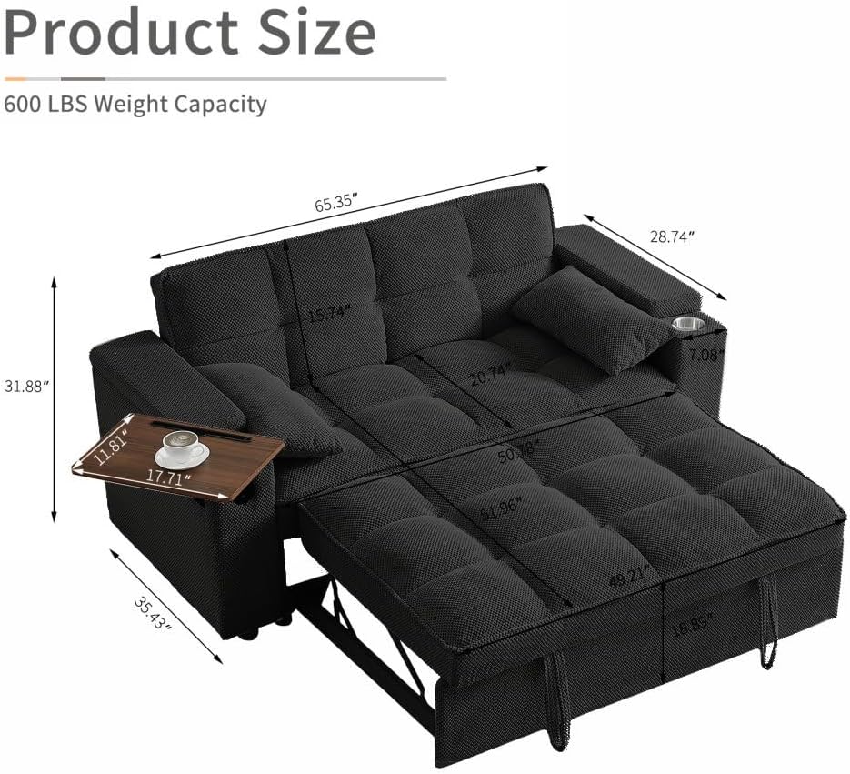 hansones 66' 3-in-1 Folding Convertible Sofa Bed, Queen Size Pullout Sofa, Modern Chenille Fabric, 360° Swivel Side Table, Easy Assembly, Perfect for Living Room (ZY-1107S-Black)