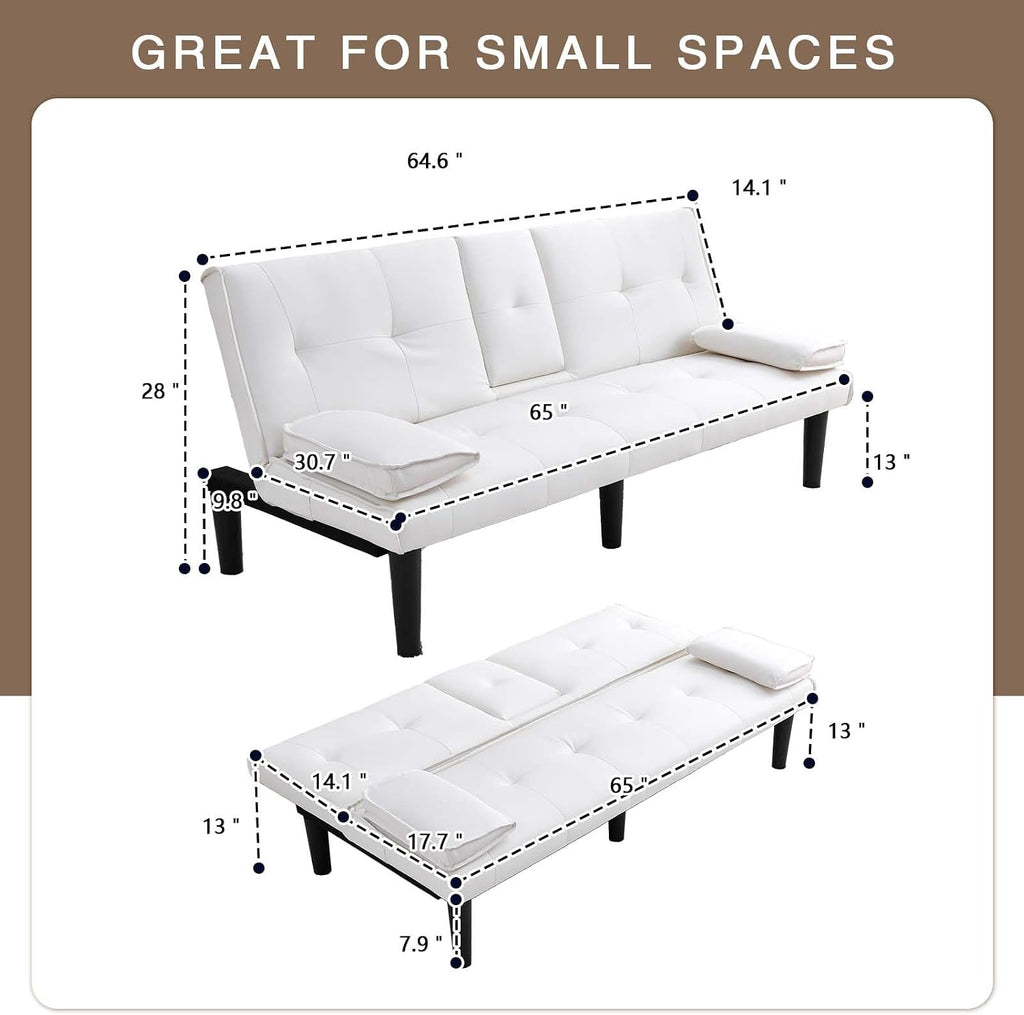 67' Futon Sofa Bed,Convertible Sofa Bed with 2 Cup Holders,Sleeper Couch PVC Leather Removable Soft Armrest Small Couch for Living Room Apartments ﻿ (White)