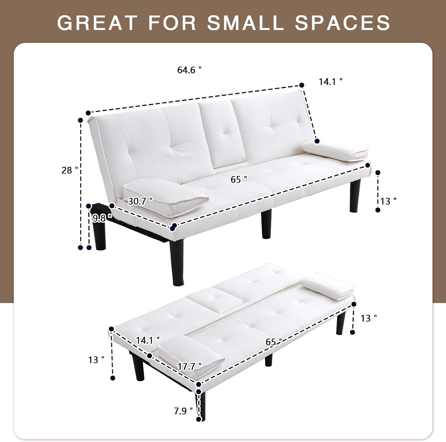 67' Futon Sofa Bed,Convertible Sofa Bed with 2 Cup Holders,Sleeper Couch PVC Leather Removable Soft Armrest Small Couch for Living Room Apartments ﻿ (White)