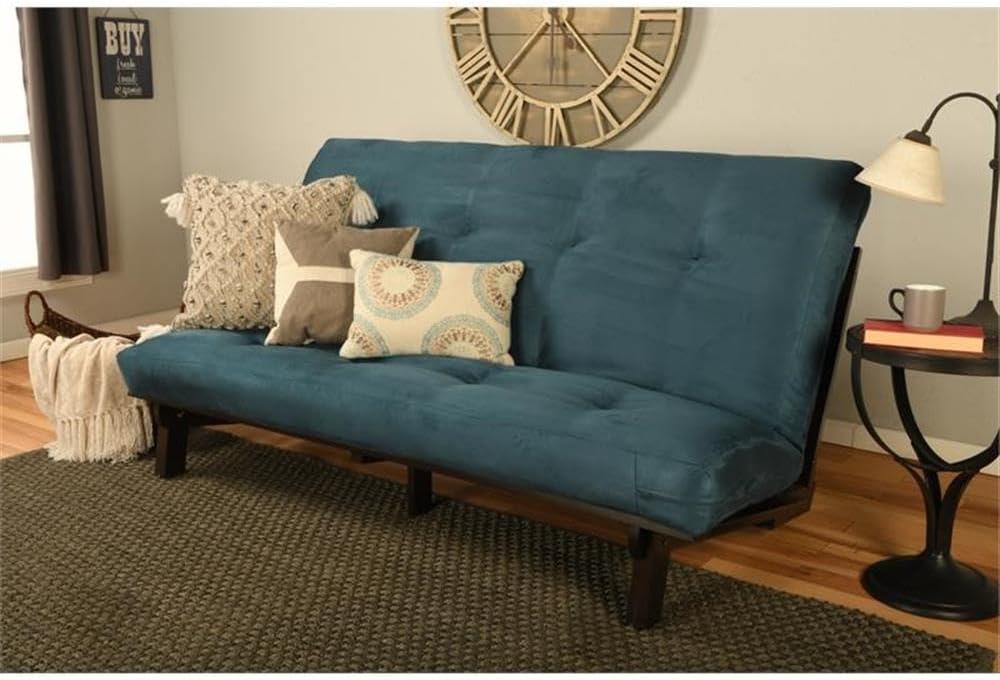 Kodiak Furniture Carson Full Size Futon Frame and Mattress Set - Java Brown Finish Wood Futon Frame with Mattress Included in Suede Blue Color
