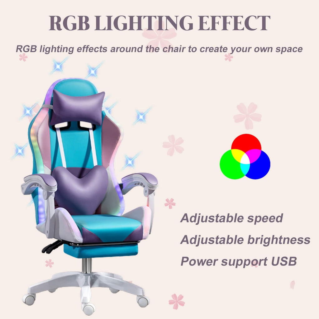 XOOFMASS RGB LED Gaming Chair for Adults, Ergonomic Video Game Chair with Speakers, Lumbar Support Office Chair Reclining Computer Chair with Footrest PU Leather Chair with Adjustable Backrest,Blue