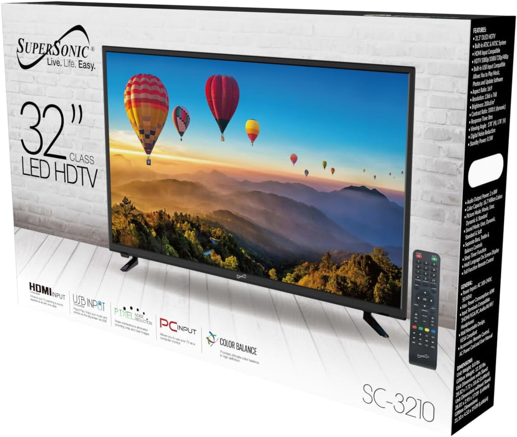 Supersonic SC-3210 31.5-Inch DLED HDTV with ATSC & NTSC, HDMI Input, USB Compatibility, 1080p Resolution, Dynamic Contrast, Wide Viewing Angle, Digital Noise Reduction, Audio Options, Multi-Language