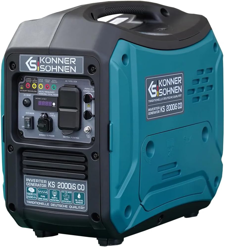 Konner&Sohnen Gas Inverter Generator - 2000 Watt, Lightweight and Portable, Super Quiet with CO Sensor, for Backup Home Use, Camping, RV | Parallel connection (German brand, model: KS 2000iS CO)