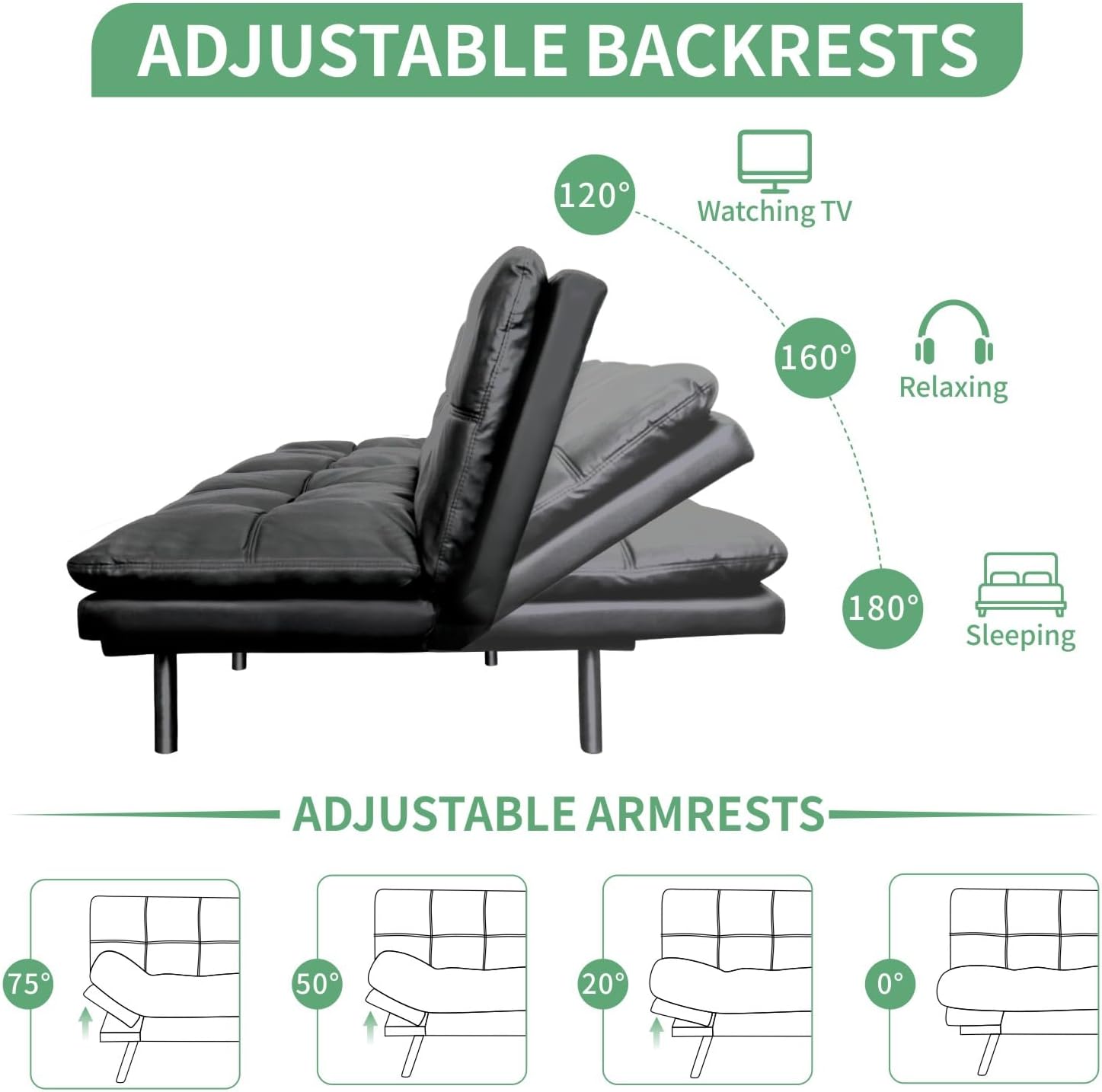 MUUEGM 71' Futon Sofa Bed, Convertible Couch Filled with Memory Foam, Modern Loveseat with Adjustable Backrest&Armrest, Sofas for Living Room,Game Room,Dormitory,Office.Matte Black Leather