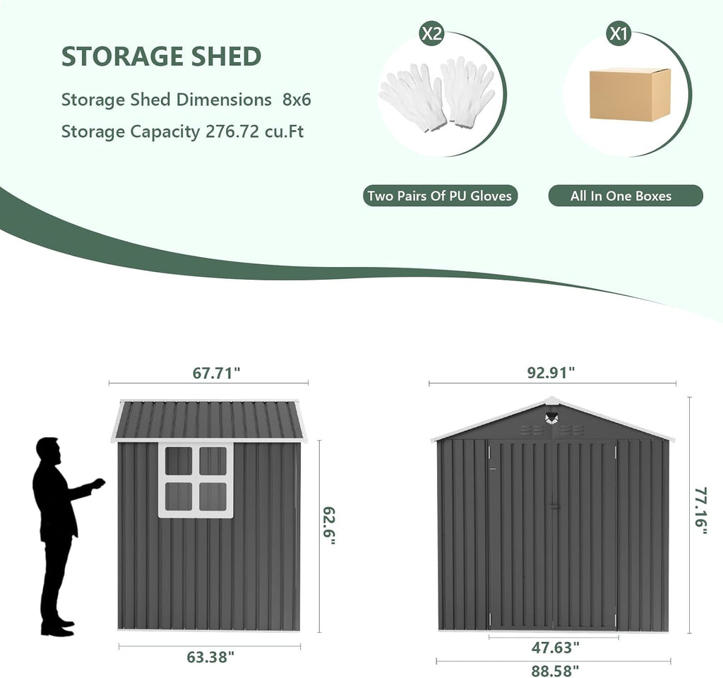 8x6FT Metal Storage Shed with Window,Outdoor Storage Building,Large Backyard Sheds