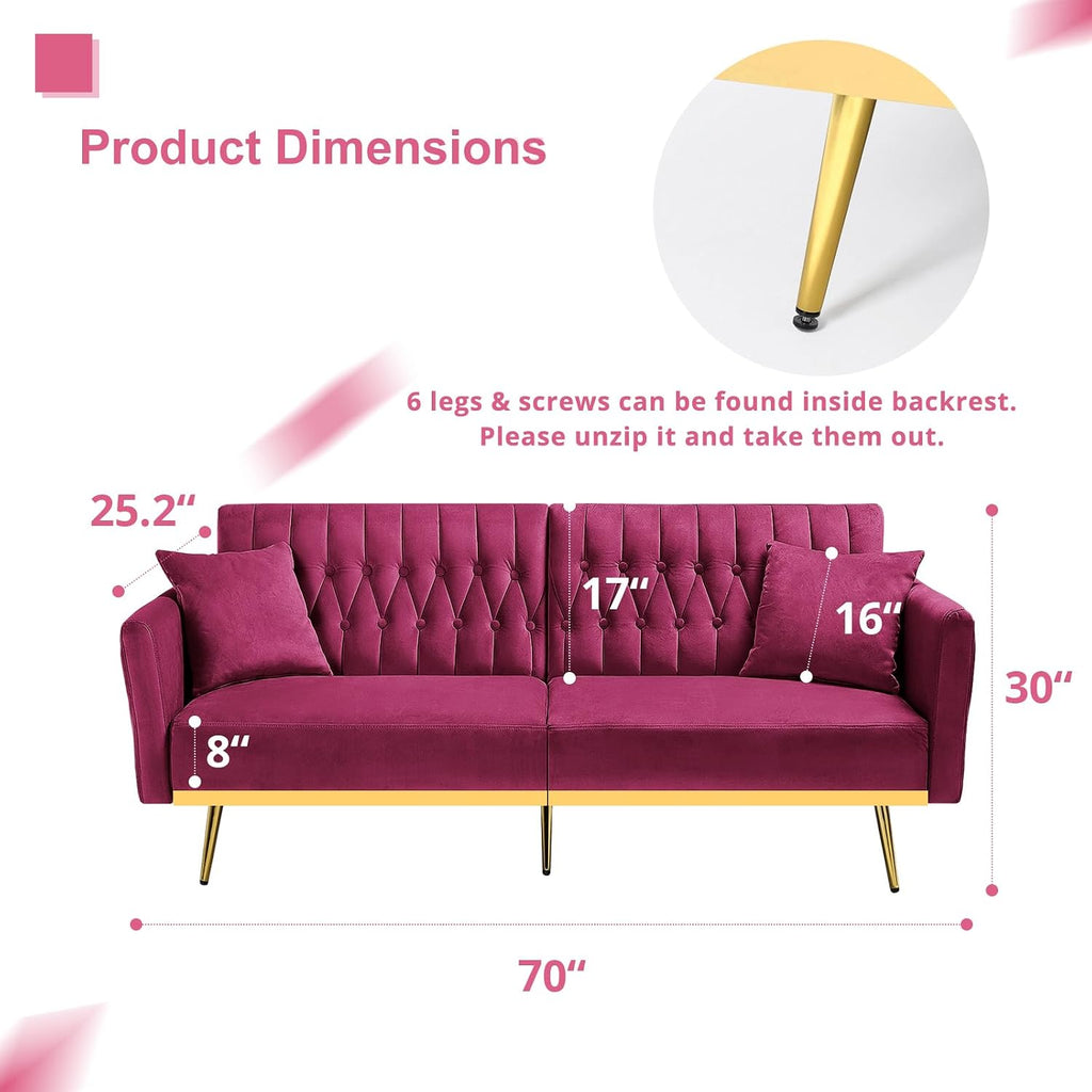 2 Pieces Velvet Futon Sofa Set with Adjustable Backrests and Armrests, 70' Convertible Sofa Bed & Tufted Accent Chair with Ottoman for Living Room, Fuchsia