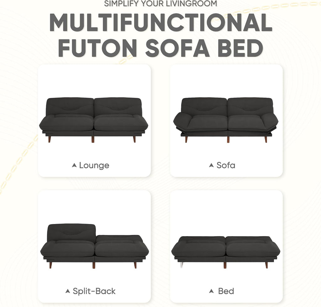 JUMMICO Convertible Futon Sofa Bed, Sleeper Futon Couch with Adjustable Backrest and Armrests, Modern Loveseat with Sturdy Wood Frame for Small Spaces, Apartments (Fabric, Black)