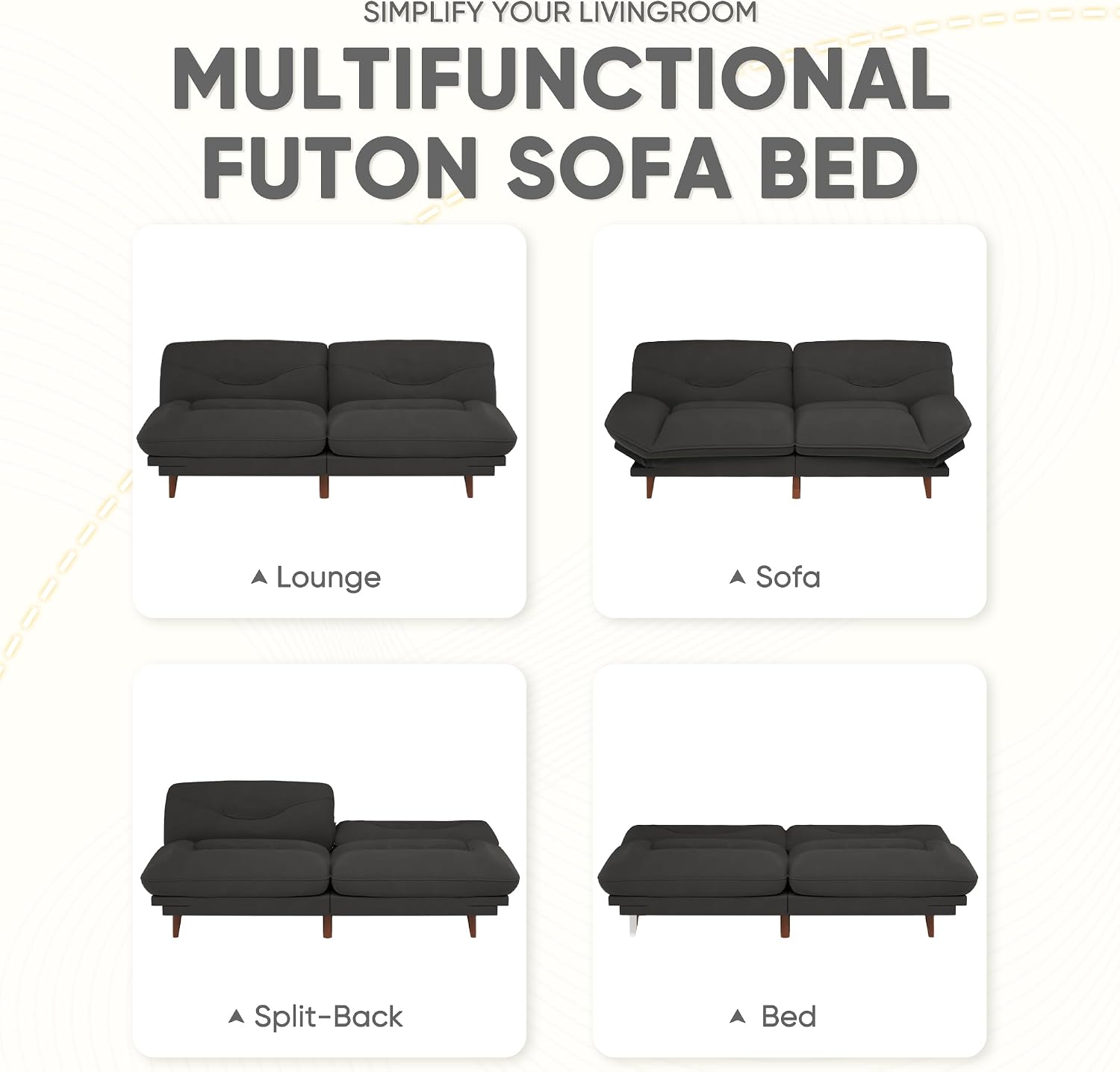 JUMMICO Convertible Futon Sofa Bed, Sleeper Futon Couch with Adjustable Backrest and Armrests, Modern Loveseat with Sturdy Wood Frame for Small Spaces, Apartments (Fabric, Black)