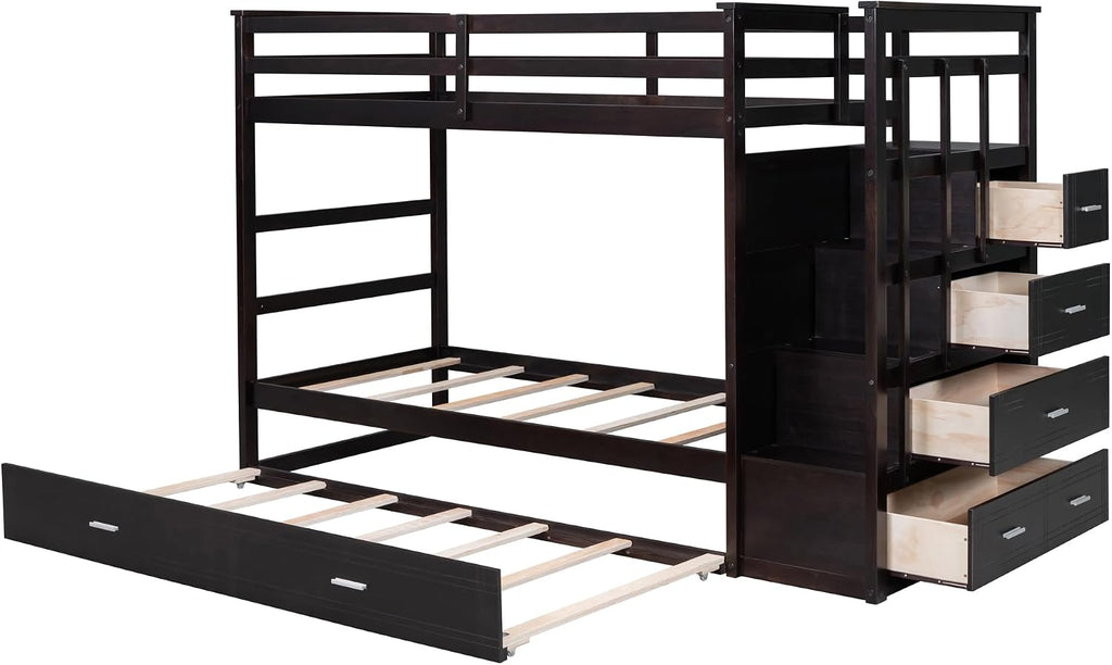 Harper & Bright Designs Twin Over Twin Bunk Bed with Staircase and Trundle, Solid Wood Bunk Beds with 4 Storage Drawers and Safety Guard Rail, Kids Bunk Bed Frame, No Box Spring Needed (Espresso)