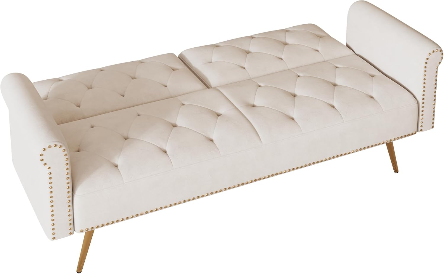 ERYE Tufted Futon Sofa Bed Modern Velvet Upholstered Loveseat Sleeper Futon Sofabed with Split Adjustable Backrest, Nailhead Decor and Elegant Golden Legs for Home Apartment RV Office Studio Bedroom