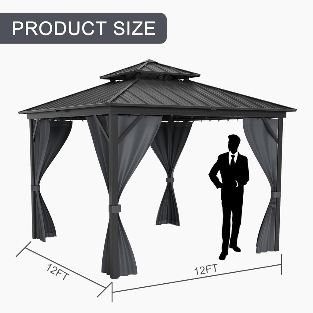 12x12ft Gazebo Hardtop with Nettings and Curtains, Heavy Duty Metal Frame, Galvanized Steel Double Roof with Vertical Stripes, Weather-Resistant Outdoor Shelter for Patio, Backyard, Deck, Lawn