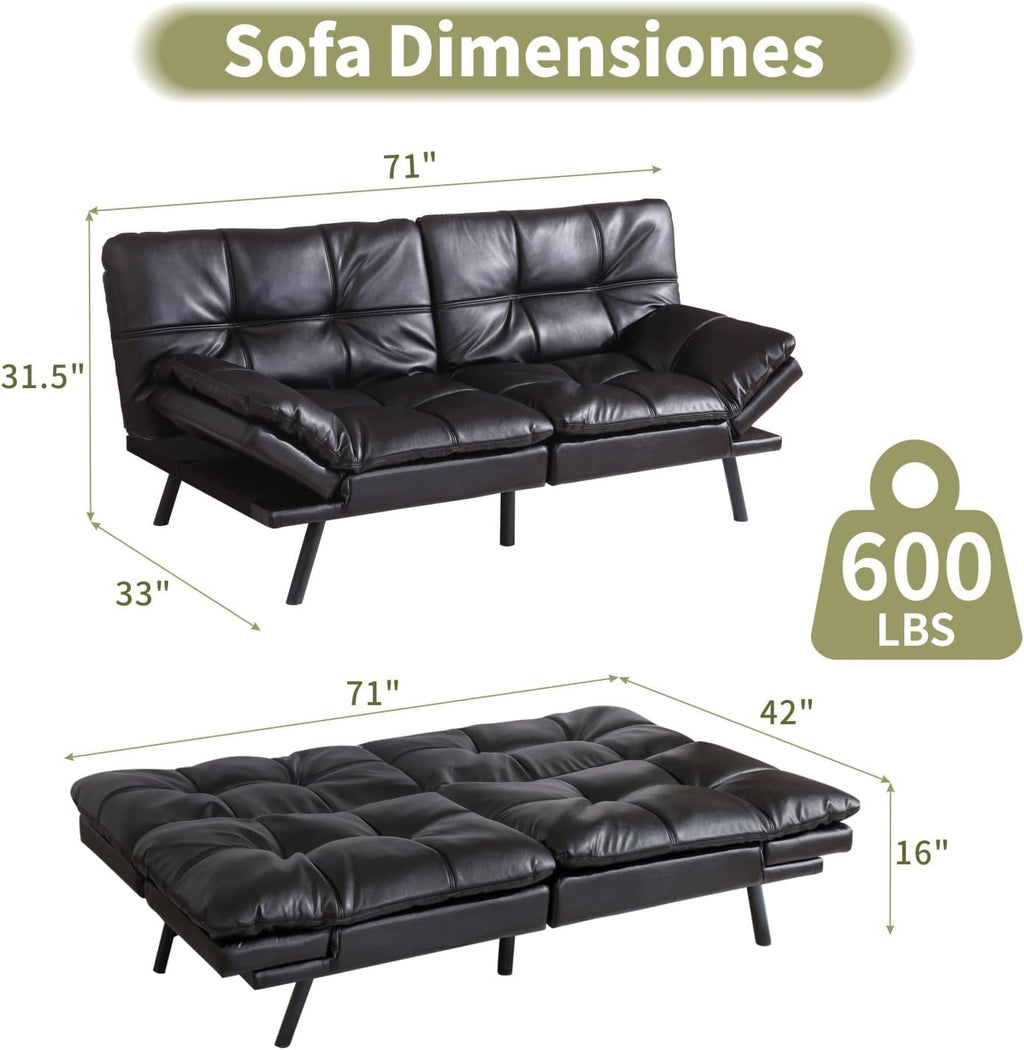 Vipbear 71' Futon Sofa Bed - Convertible Sofa Beds/Adjustable Backrest & Armrest, Comfy Loveseat Sleeper for Small Spaces, Apartments & Offices,Faux Leather Black Futons