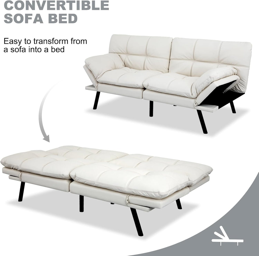 MUUEGM Futon Sofa Bed Convertible Couch,Memory Foam Futon Sofa Couch,Sleeper Futons Sofa Couches,Small Splitback Modern Loveseat Sofa Bed for Living Room,Office,Apartment,Faux Leather,White.