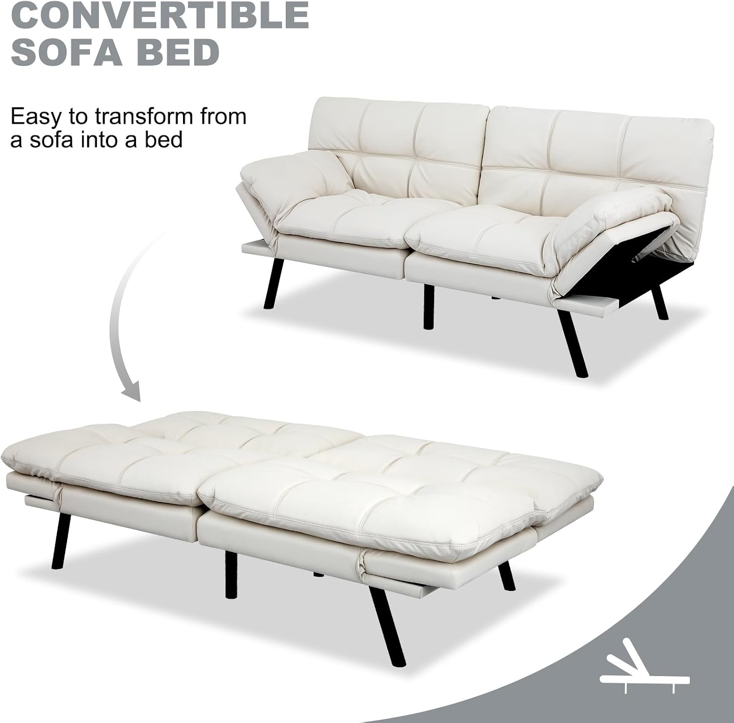 MUUEGM Futon Sofa Bed Convertible Couch,Memory Foam Futon Sofa Couch,Sleeper Futons Sofa Couches,Small Splitback Modern Loveseat Sofa Bed for Living Room,Office,Apartment,Faux Leather,White.