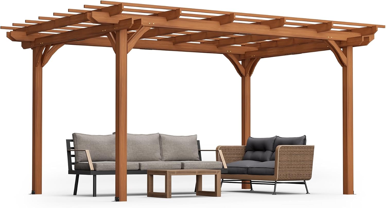 Wood Pergola Gazebo for Climbing Plants - Free Standing Outdoor Garden Structure with Waterproof Solid Fir, Windproof Level 6 & 200lb Snow Load - Backyard, Patio, Poolside Brown (12 x 10 FT)