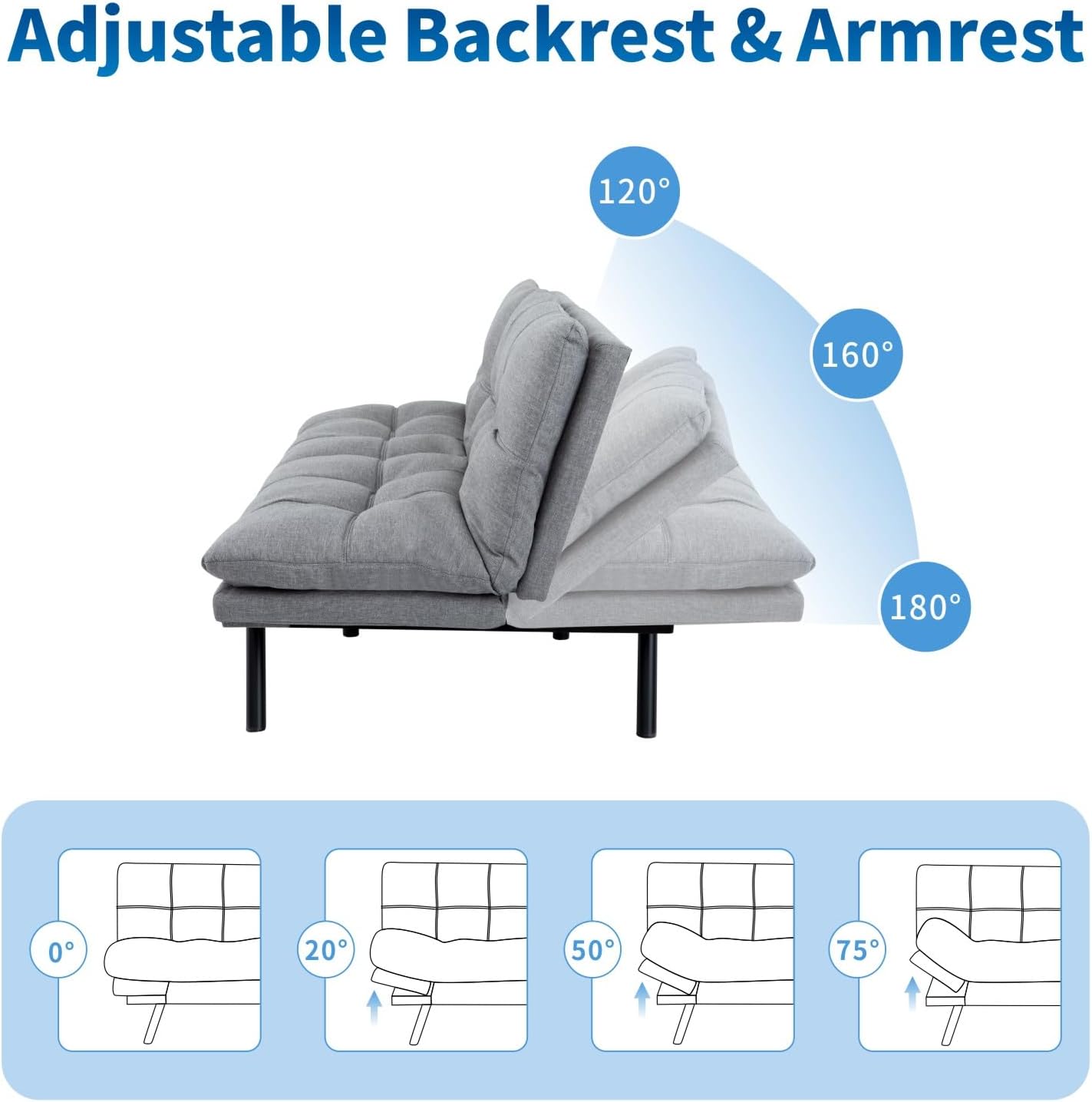 MUUEGM Futon Sofa Bed, 71' Convertible Linen Memory Foam Couch Bed, Modern Backrests Armrests Love Seat for Living Room,Apartment,Office,Light Grey Sleeper Couch
