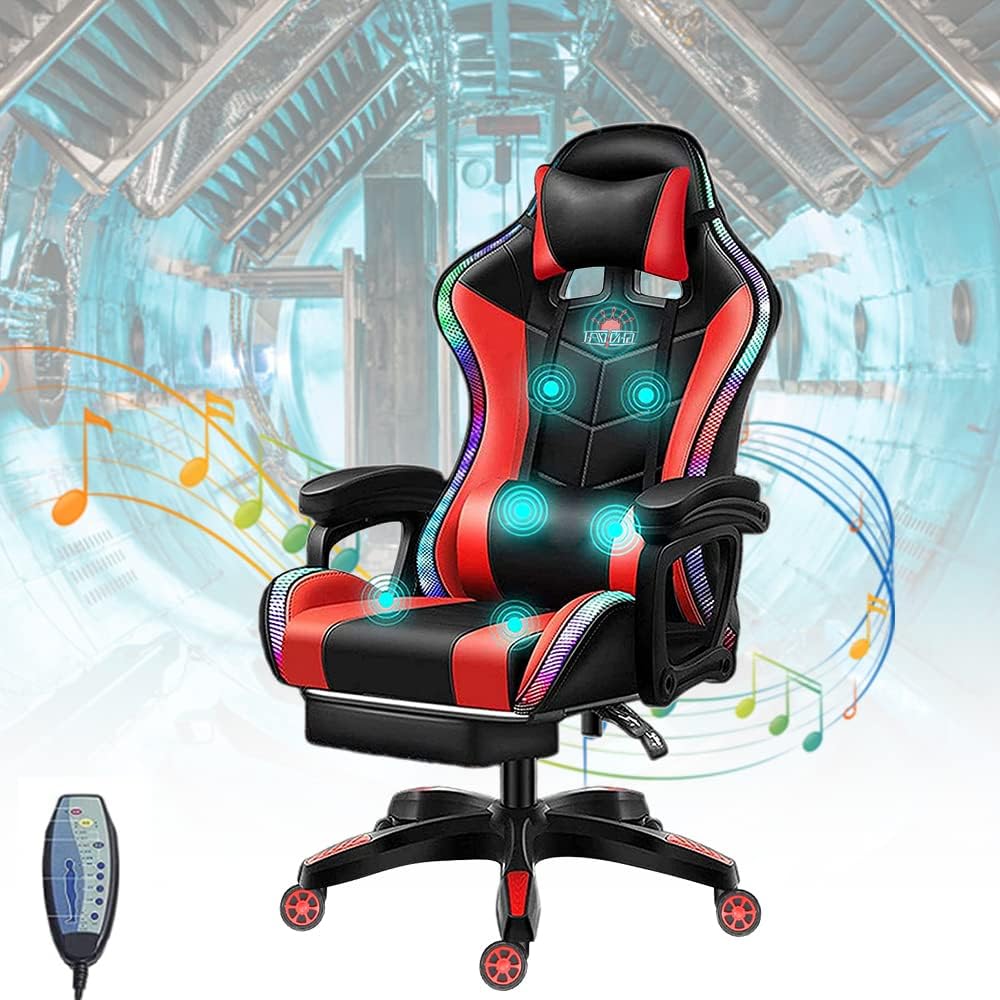Full Massage Gaming Chairs with Footrest, LED Gamer Chair with Speakers and Lumbar Support, PU Leather Racing Swivel Rocker Office Chairs for Adults and Teens,Red