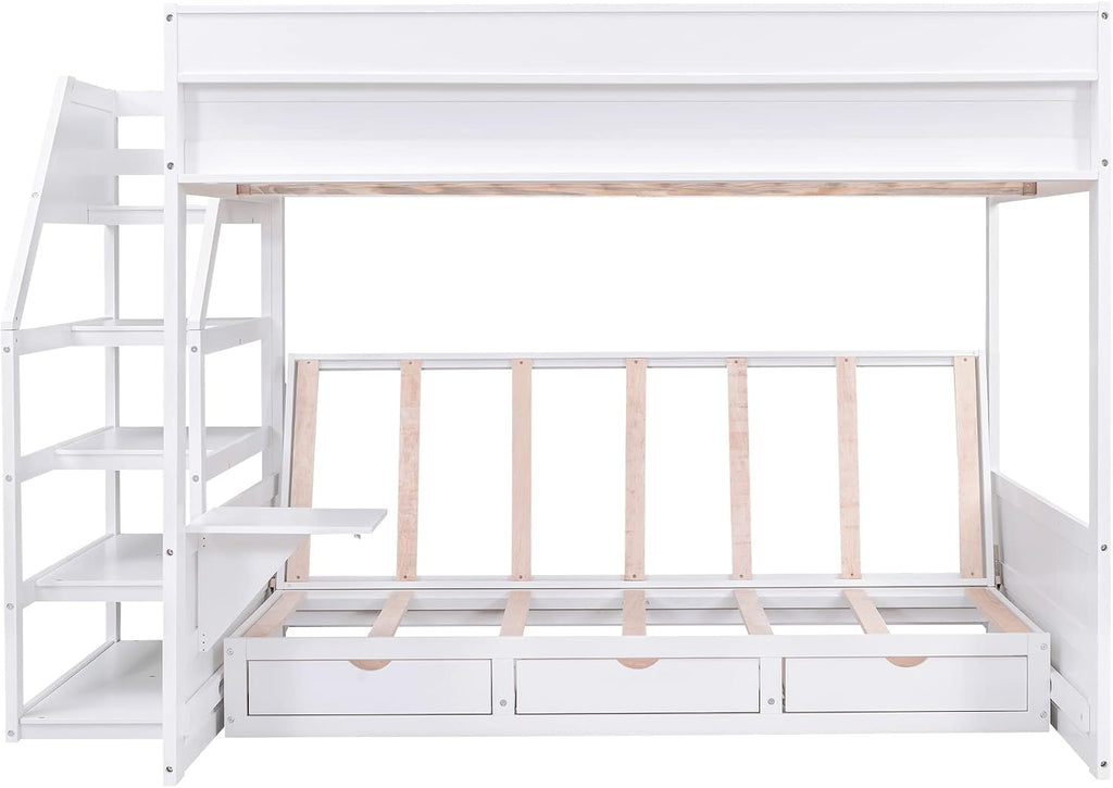 Futon Bunk Beds with Stairs,Full Over Full/Futon Bunk Beds with 3 Storage Drawers & Small Table,Bottom Bed Can Be Converted Into Daybed,Wood Full Loft Bed Frame for Kids Teens,White