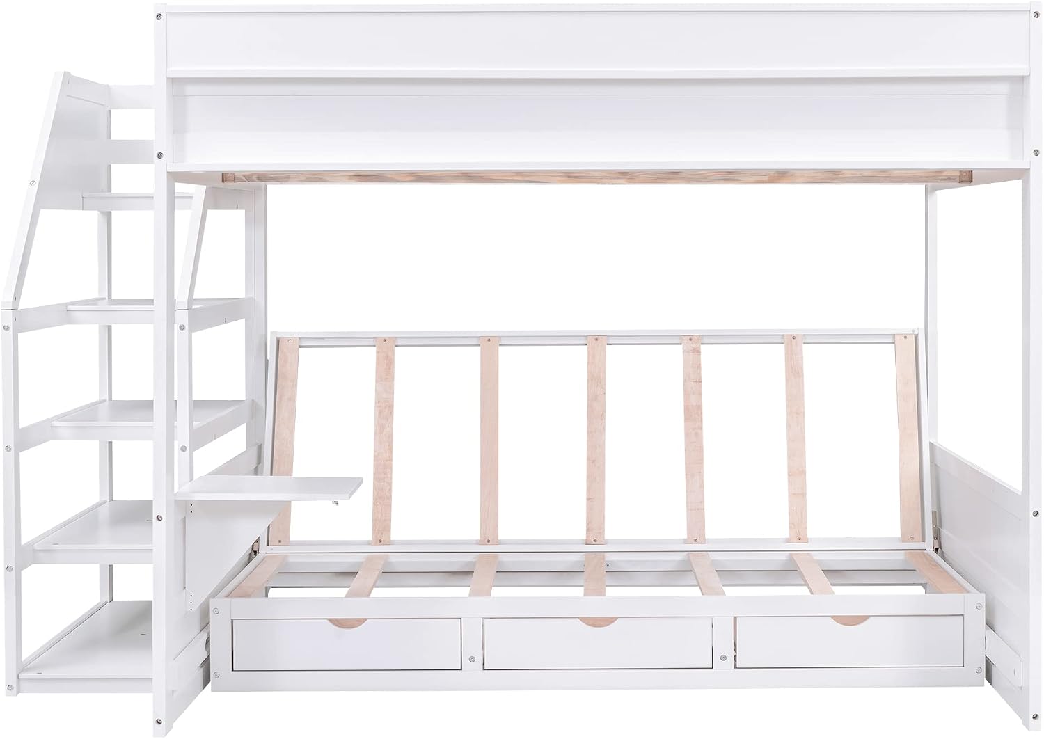 Futon Bunk Beds with Stairs,Full Over Full/Futon Bunk Beds with 3 Storage Drawers & Small Table,Bottom Bed Can Be Converted Into Daybed,Wood Full Loft Bed Frame for Kids Teens,White