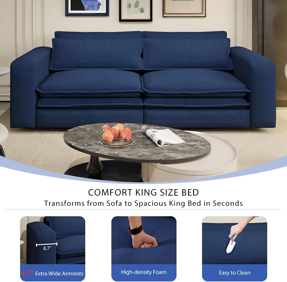 93' King Pull Out Sofa Bed, Teddy Sleeper Sofa Couch, Modern Wide Armrest, 3 in 1 Convertible Futon Couches for Living Room, Small Space, Apartment, Office, Bedroom, Blue