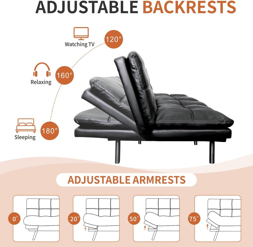 MUUEGM Futon Sofa Bed, Memory Foam Convertible Couch, Modern Loveseat, Adjustable Backrests & Armrests, Black