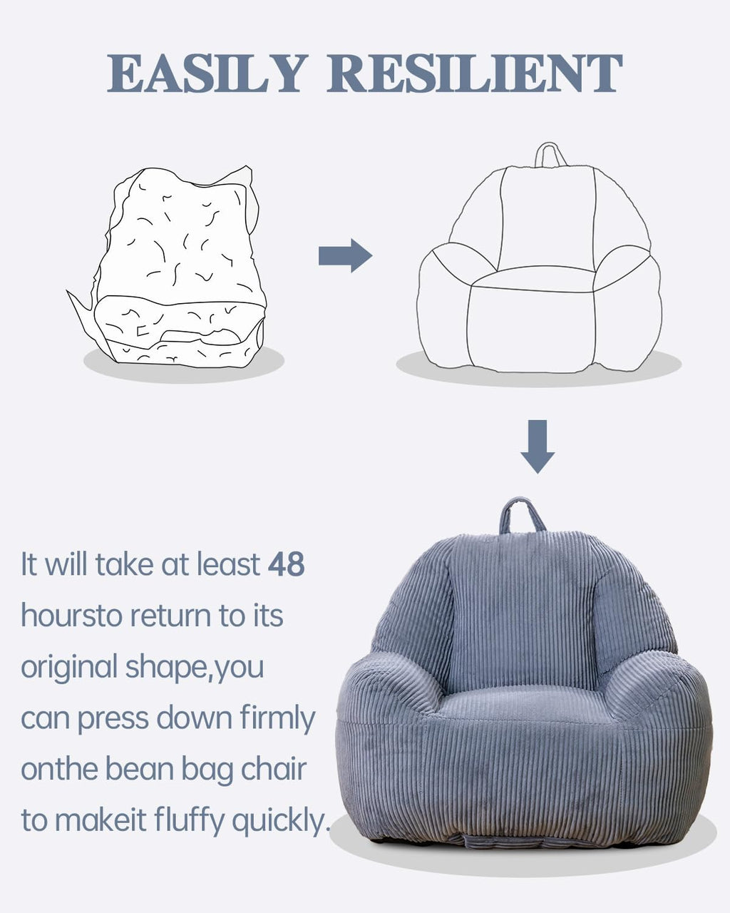 Lamerge Ergonomic Bean Bag Chair for Adults, Faux Fur Fluffy Sofa Chair with High-Density Memory Foam, Grey Comfy Bean Bag Couch for Reading, Gaming (38' Bean Bag Chair)