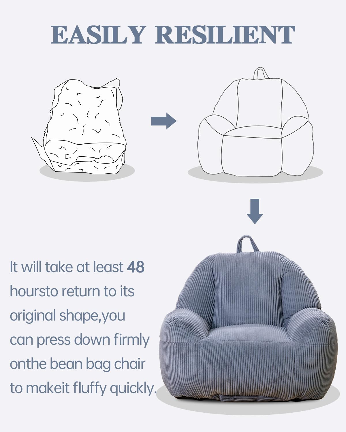 Lamerge Ergonomic Bean Bag Chair for Adults, Faux Fur Fluffy Sofa Chair with High-Density Memory Foam, Grey Comfy Bean Bag Couch for Reading, Gaming (38' Bean Bag Chair)