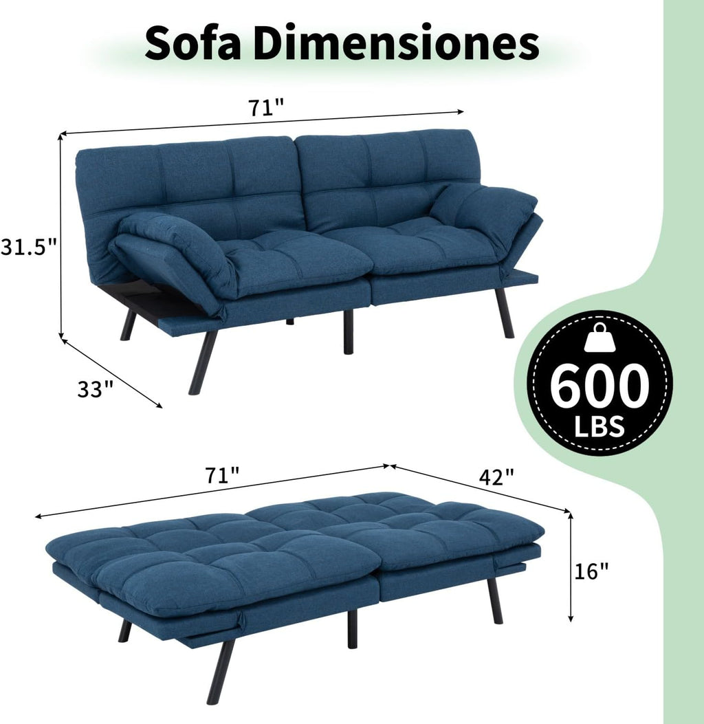 MUUEGM 71' Convertible Futon Sofa Bed, Upholstered Small Futon Couches with Adjustable Backrest, Loveseat Sleeper Bed for Compact Living Room Studio Office (Navy Blue)