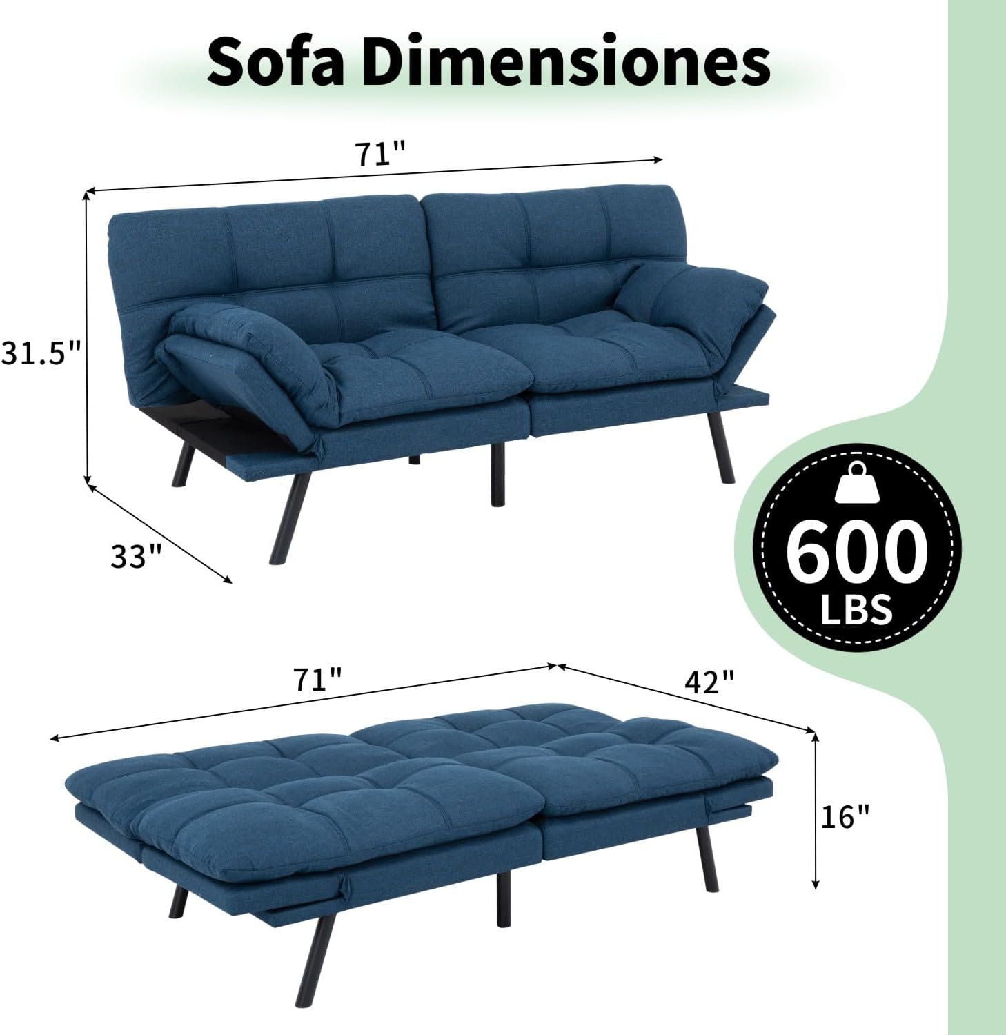 MUUEGM 71' Convertible Futon Sofa Bed, Upholstered Small Futon Couches with Adjustable Backrest, Loveseat Sleeper Bed for Compact Living Room Studio Office (Navy Blue)