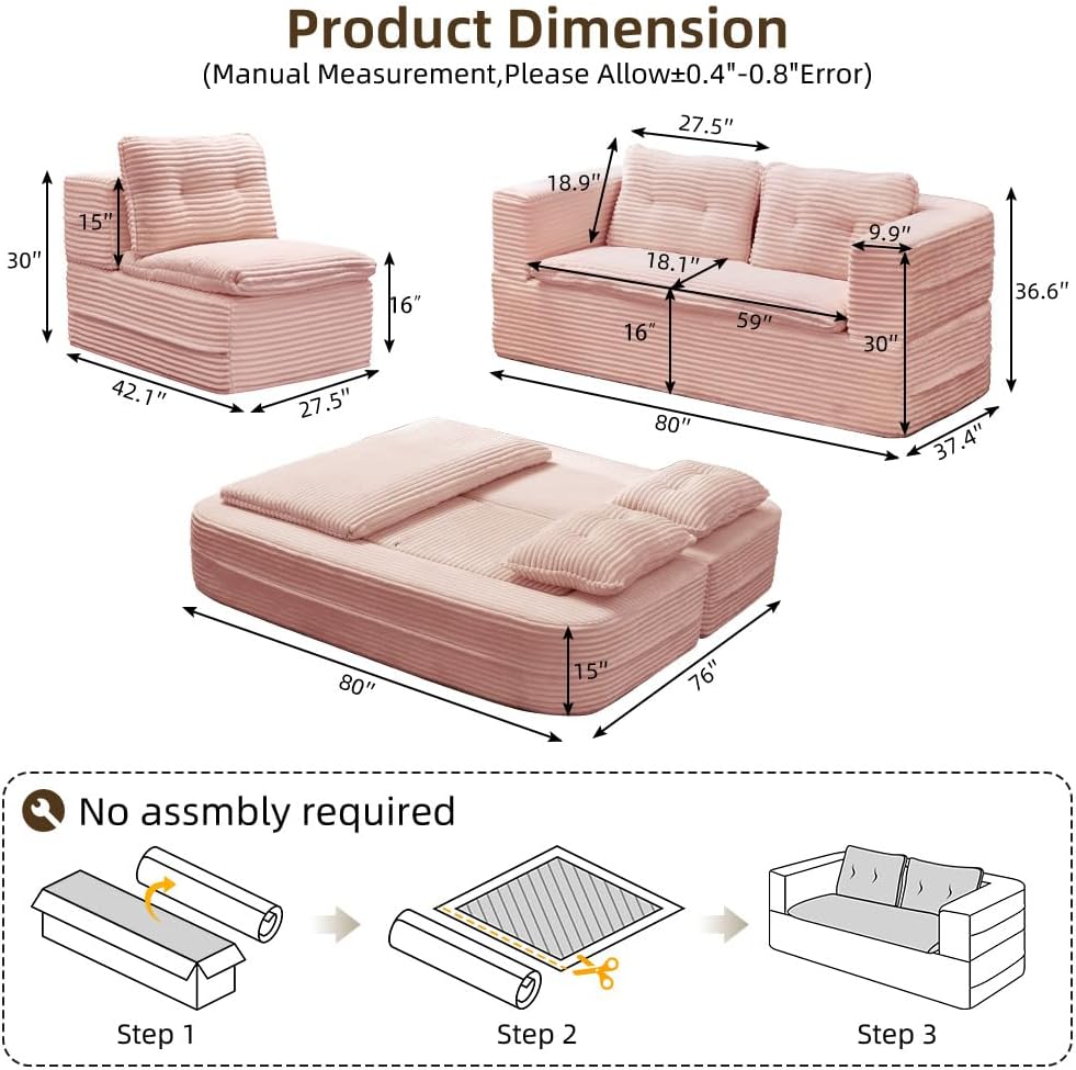 80'' Futon Sofa Bed, King Size Foldable Sleeper Sofa, Corduroy Boneless Loveseat Couch with Chaise Lounge, 3 Pillows, Blanket, Upholstered Sectional Couches for Living Room,Bedroom, Baby Pink