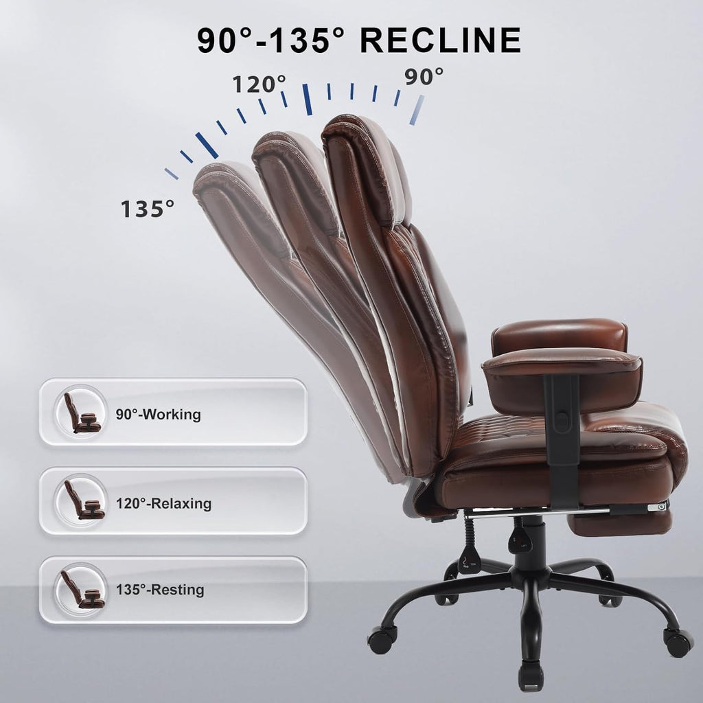 400lb Brown Office Chair,Big and Tall Reclining Office Chair with Footrest, High Back Executive Computer Chair with Wheels Pu Leather Recliner Office Desk Chairs with Lumbar Support for Adult