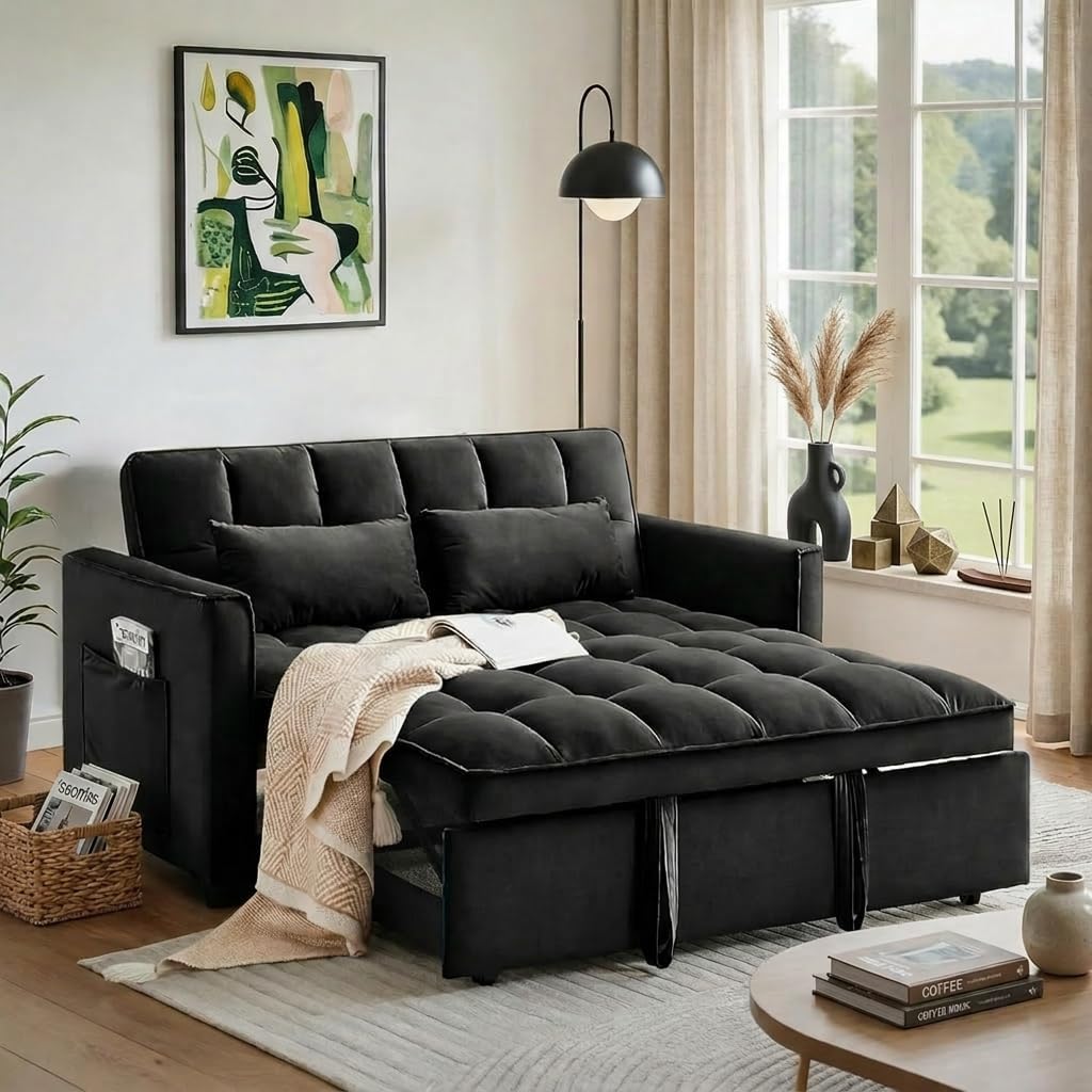 3 in 1 Convertible Sofa Bed, Love Seat Sleeper Bed with Side Pockets, Velvet Fabric Pull Out Couch with Adjustable Backrest for Living Room, Bedroom, Apartment, Black
