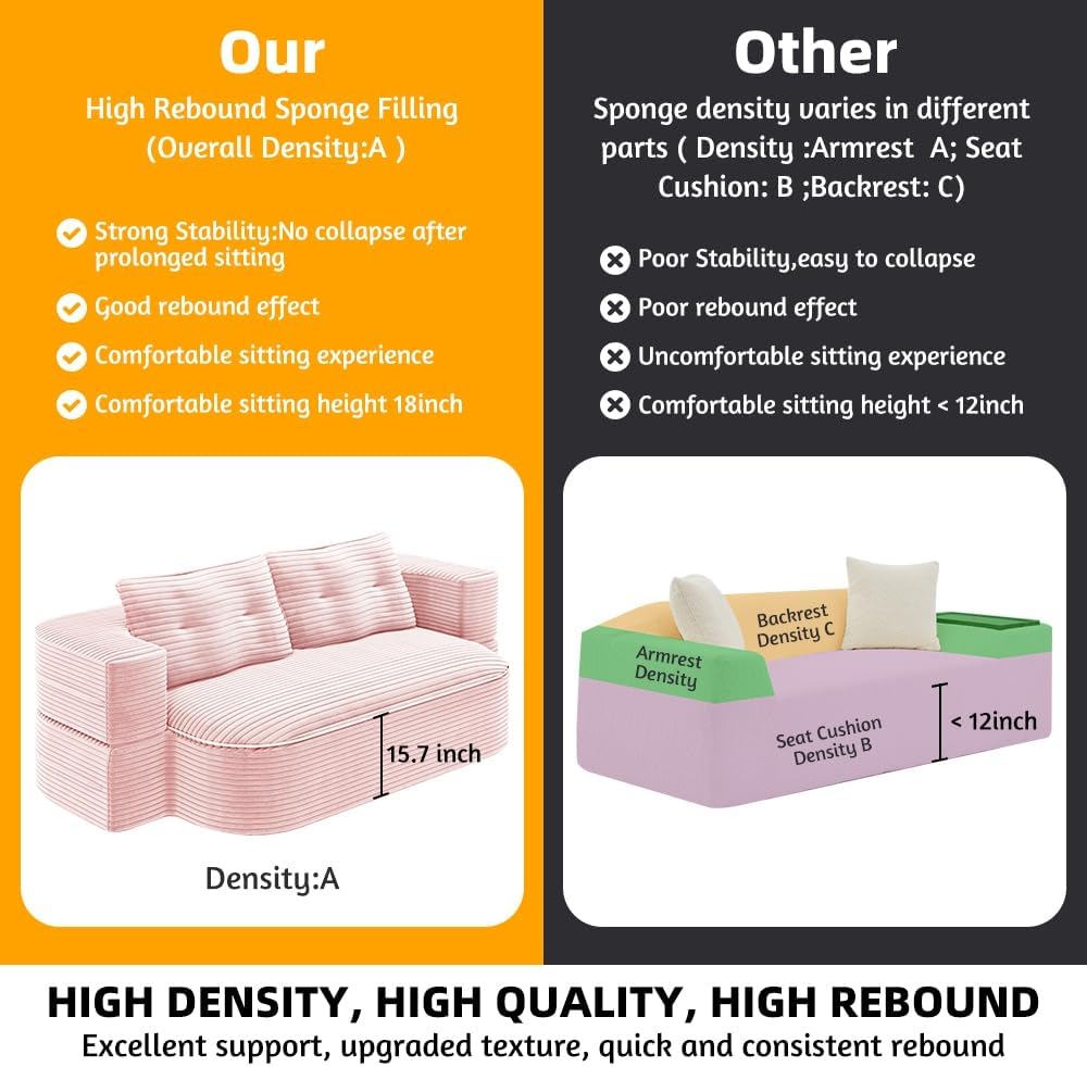 78.7' Convertible Foldable Sofa Bed with Functional Blanket and 2 Soft Pillows, 2-in-1 Corduroy Fabric Loveseat Sofa Couch with Deep Seat, Curved Sleeper Couch Bed for Living Room (Baby Pink)