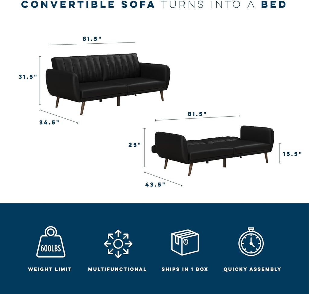 Novogratz Brittany 82 Inch Futon Sofa Bed in Faux Leather, Upholstered Couch Sleeper with Tufted Back, Mid-Century Modern Design, Black