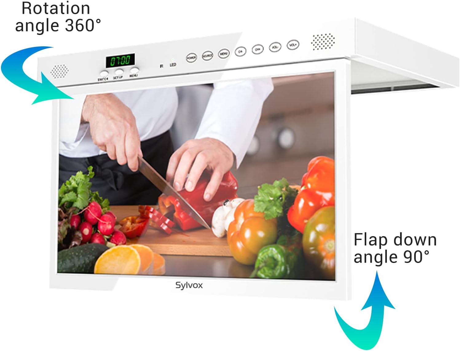 SYLVOX 15.6' Under Cabinet Smart TV – 360° Rotation, 90° Flip-Down Screen, Wireless Connectivity, Space-Saving Design for Kitchen, Bedroom, or RV. (Pure White)