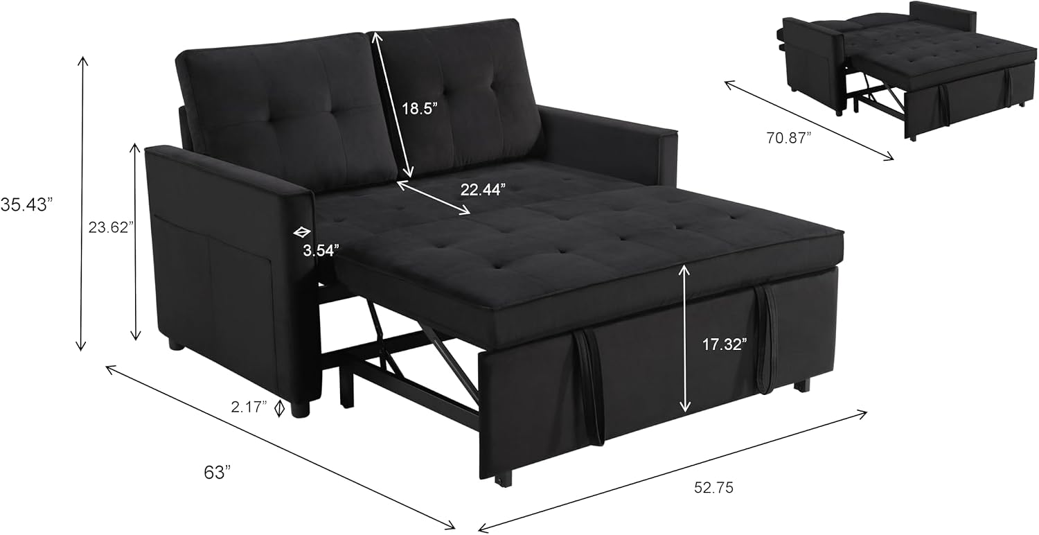 Sofa Bed, Pull Out Couch with Side Pockets, 3 in 1 Velvet Fabric Loveseat Sleeper Sofa Bed, Pull Out Couch with Adjustable Backrest for Living Room, Bedroom, Apartment, Black, 53 Inch