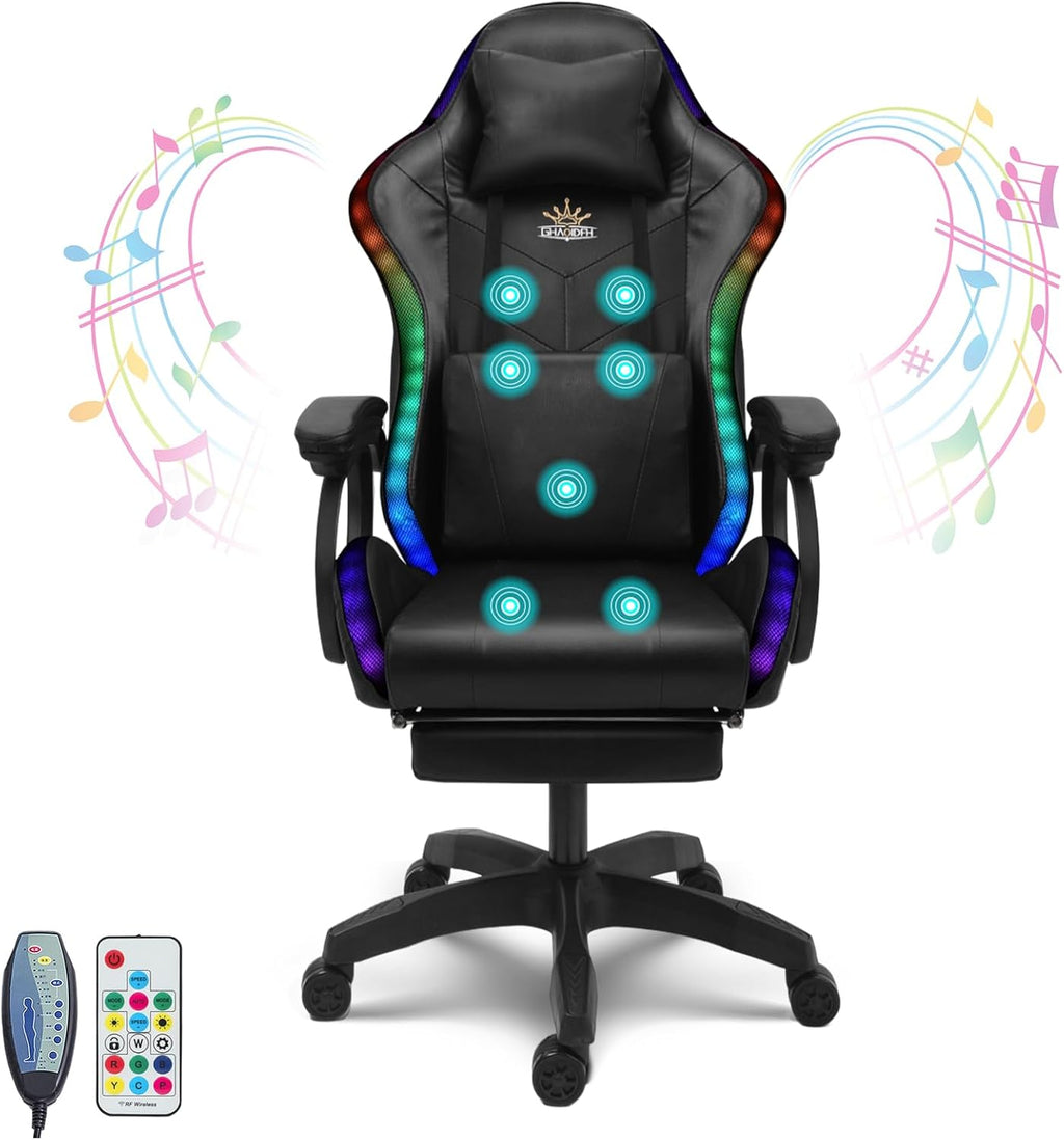Ergonomic Gaming Chair Computer Chair with RGB LED Lights and Speakers, Office Chair PU Leather Massage Swivel Recliner Chair with Footrest Lumbar Support Headrest Armrest,Black