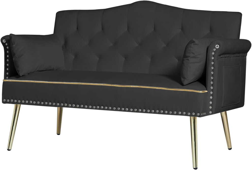 hansones 55-Inch Modern Velvet Loveseat Sofa with Gold Metal Legs & Side Pockets, Tufted Backrest, Perfect for Living Room, Bedroom, or Office (Black)