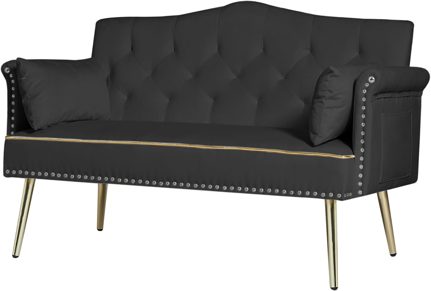 hansones 55-Inch Modern Velvet Loveseat Sofa with Gold Metal Legs & Side Pockets, Tufted Backrest, Perfect for Living Room, Bedroom, or Office (Black)