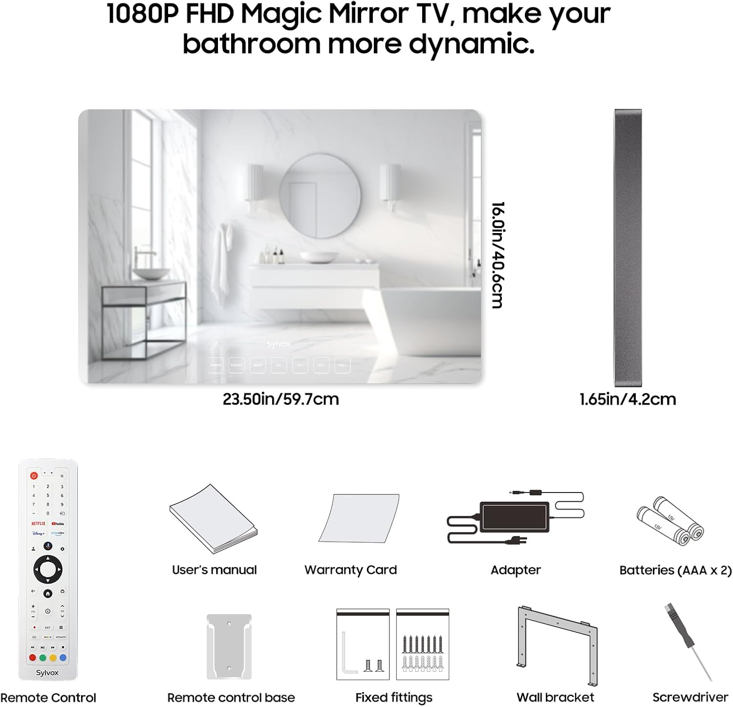 SYLVOX 24'' Smart TV Bathroom Magic Mirror Waterproof LED TV 1080P 500NITS High Brightness Dual Front Speakers Wall mounting Suitable for Bathrooms,Hotels,Saunas