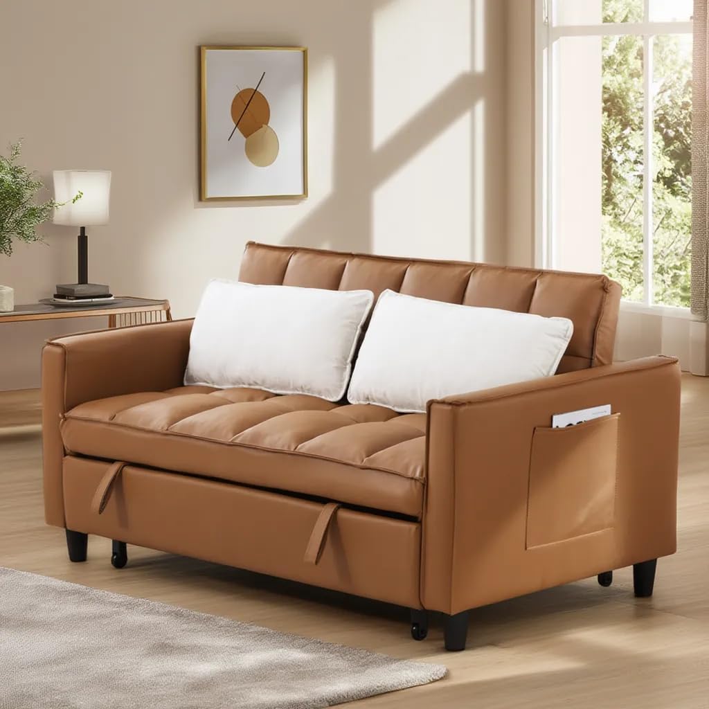 3 in 1 Convertible Sofa Bed, Love Seat Sleeper Bed with Side Pockets, PU Fabric Pull Out Couch with Adjustable Backrest for Living Room, Bedroom, Apartment, Brown